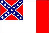 white flag with red vertical strip on right side and red square in upper left with a blue X with 13 white stars in it