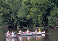 people in four canoes floating on the Niangua River