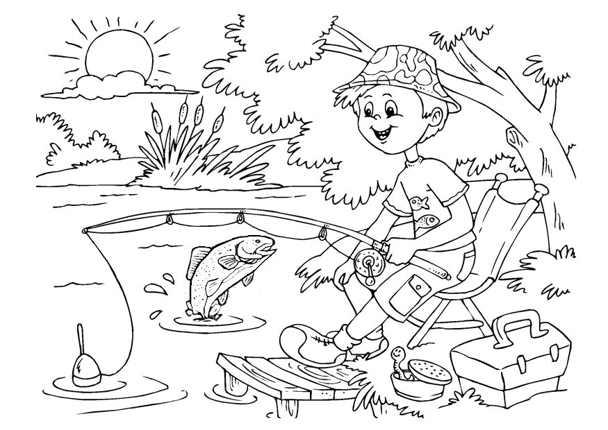 coloring page of boy fishing