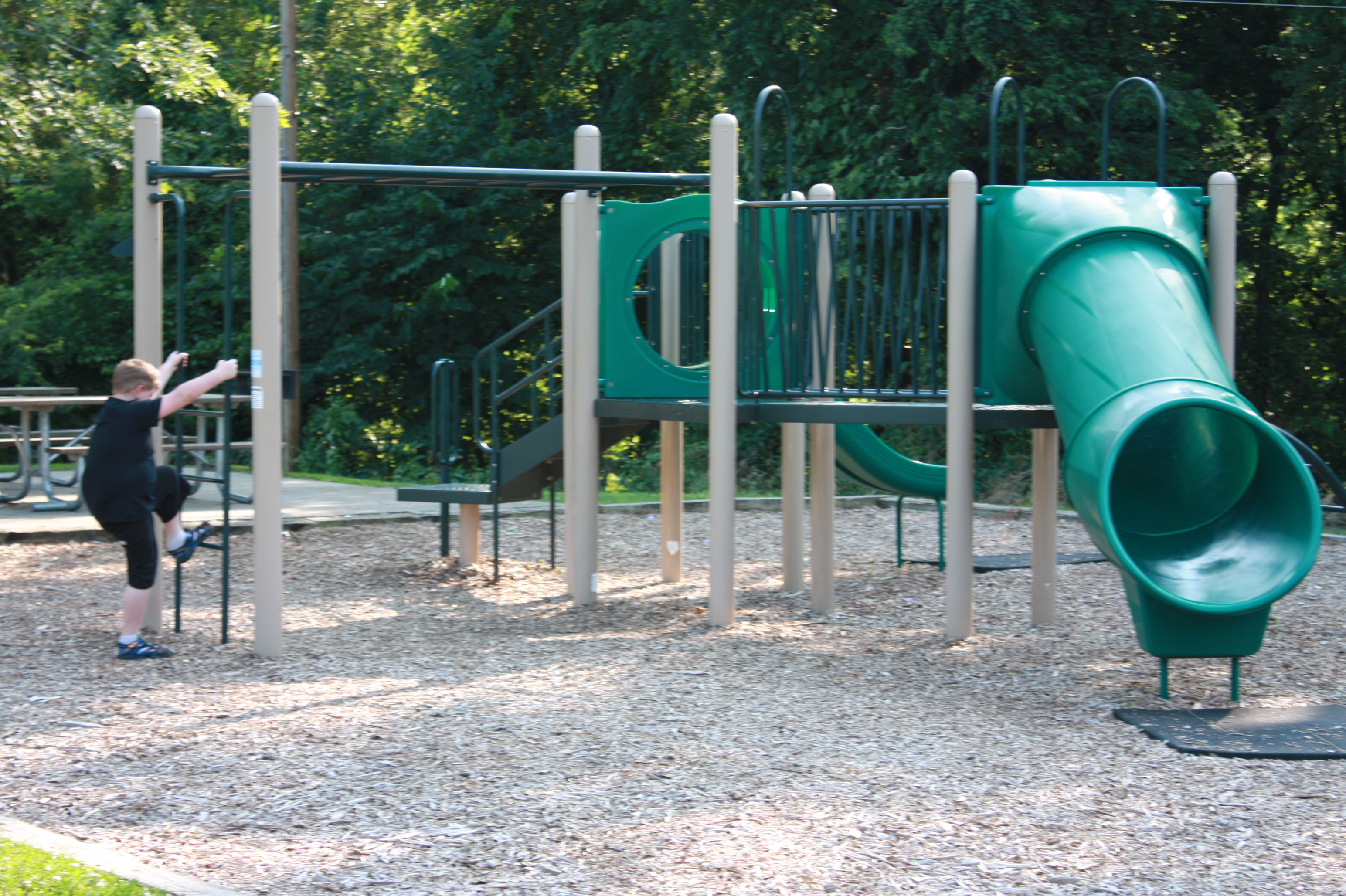 a kid climbing on the ladder of the playground structure, which includes monkey bars and a couple of slides