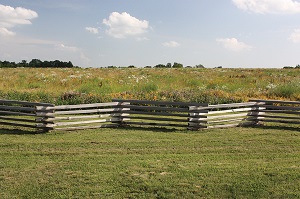view of wooden fence and prairie landscape