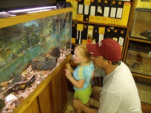 man and little girl look at fish in an aquarium