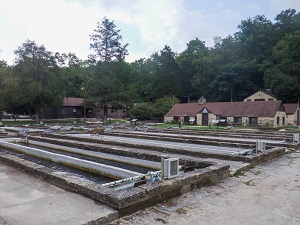 fish pools with hatchery building in the background