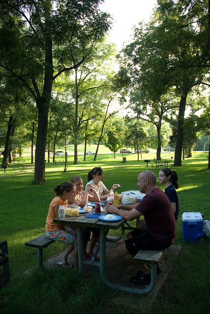 family sitting around a picnic table enjoying lunch in a shaded area