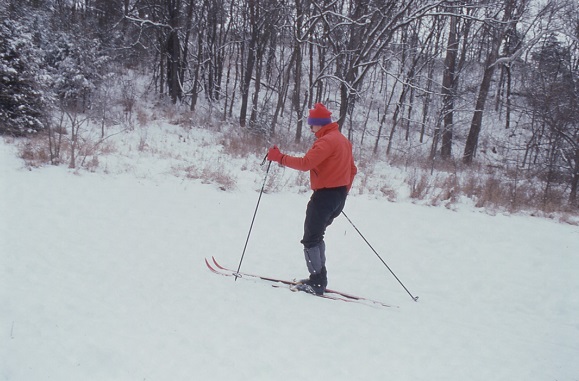 a man cross country skiing in the park