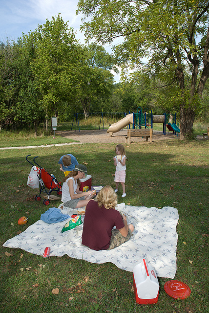 a family enjoys a picnic on a blanket in a grassy area near the playground