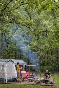 people cooking over the campfire near their tent