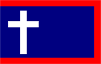 Blue flag bordered in red with a white cross to the left