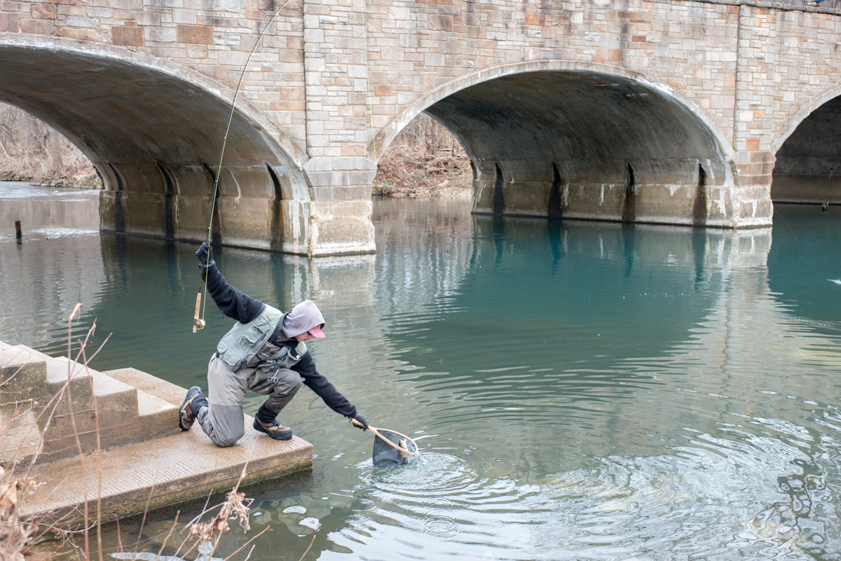 a man dragging a fish out of a river