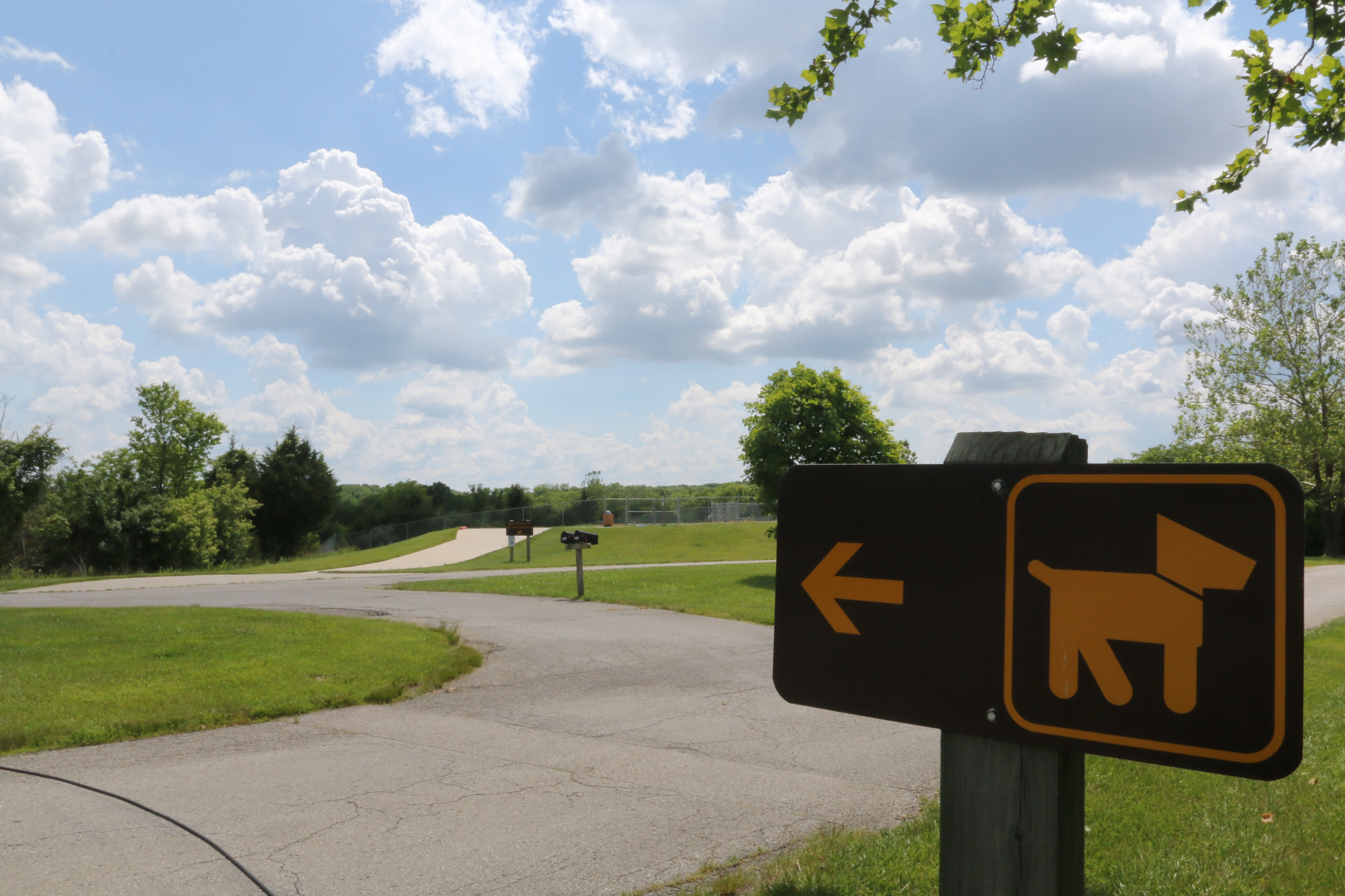 A paved trail leading to a dog park