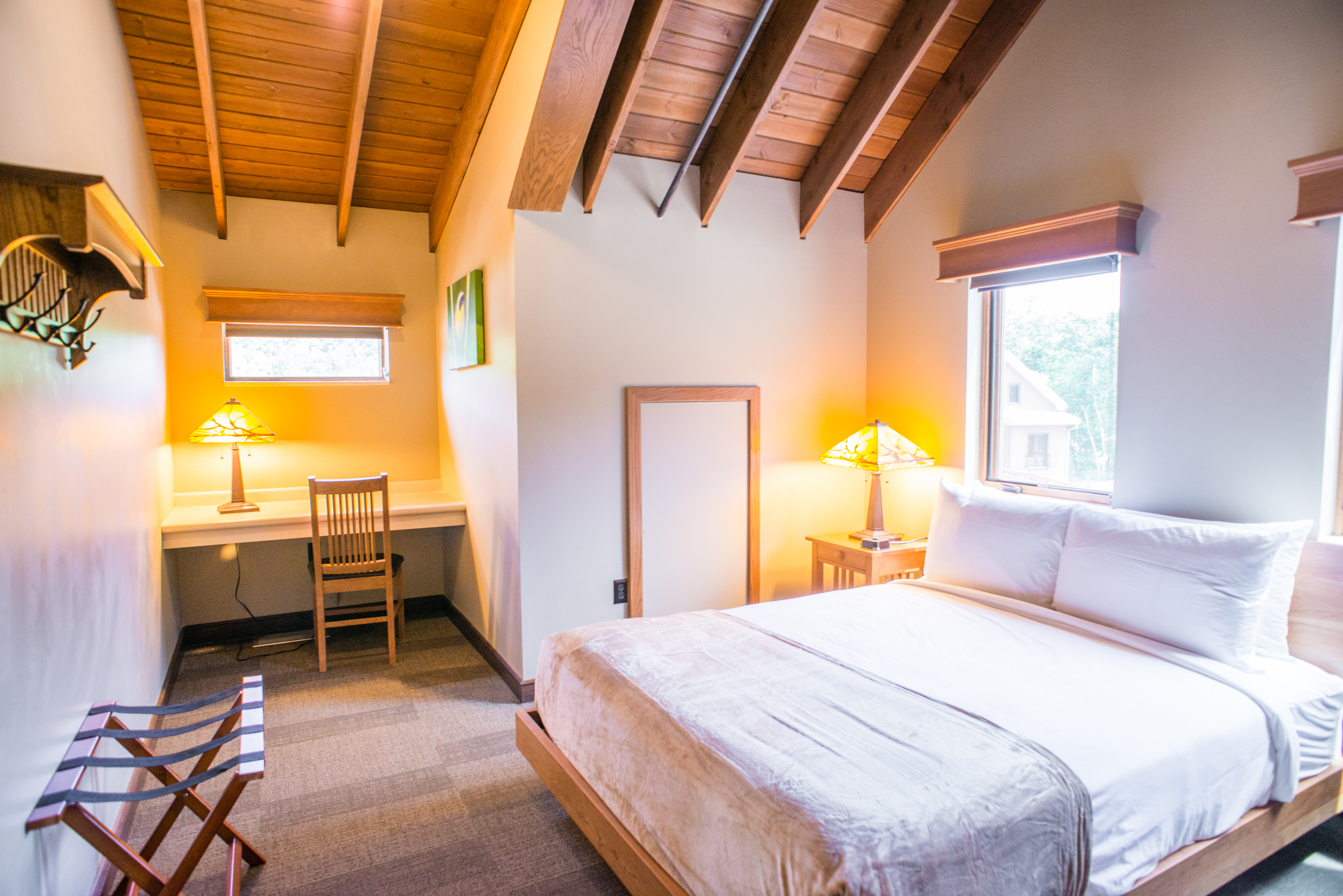 a bedroom with a bed and a desk