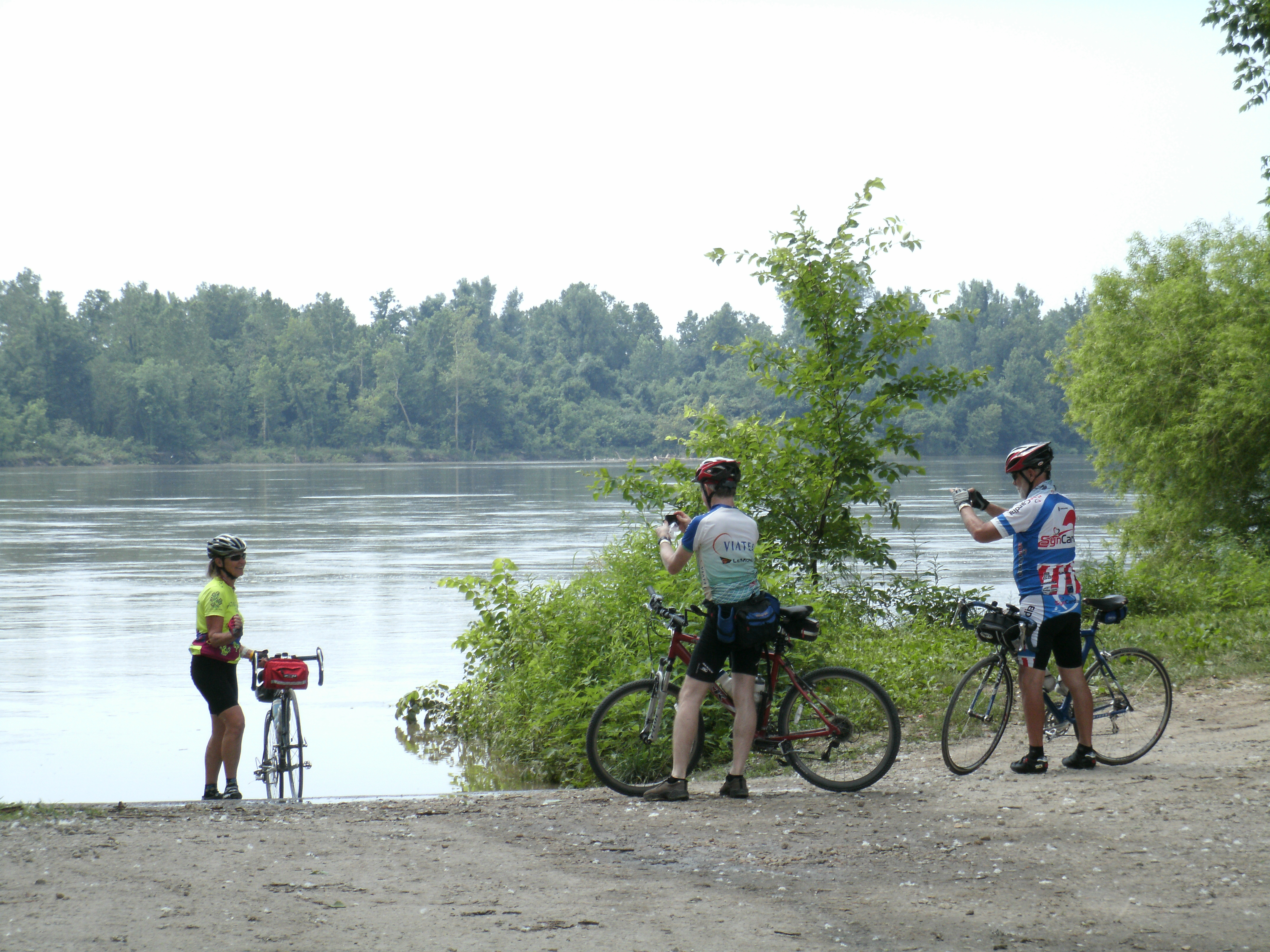Bikers gathered by the water