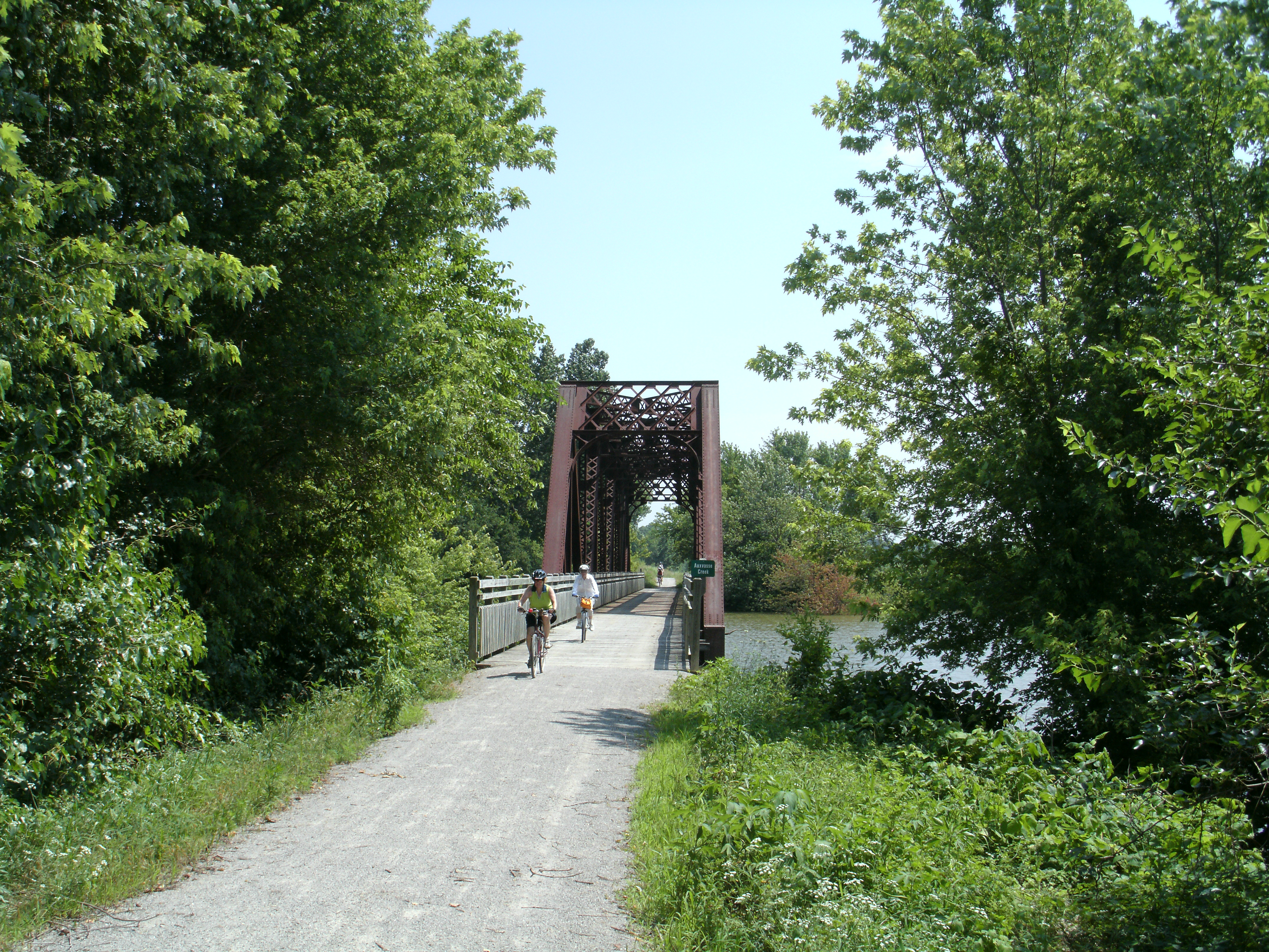 Bikers crossing a bridge