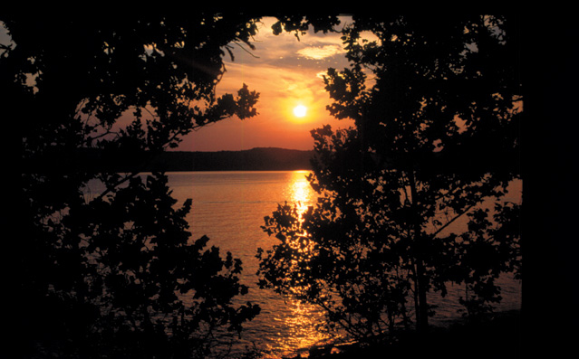 Sunset over a lake taken between two trees
