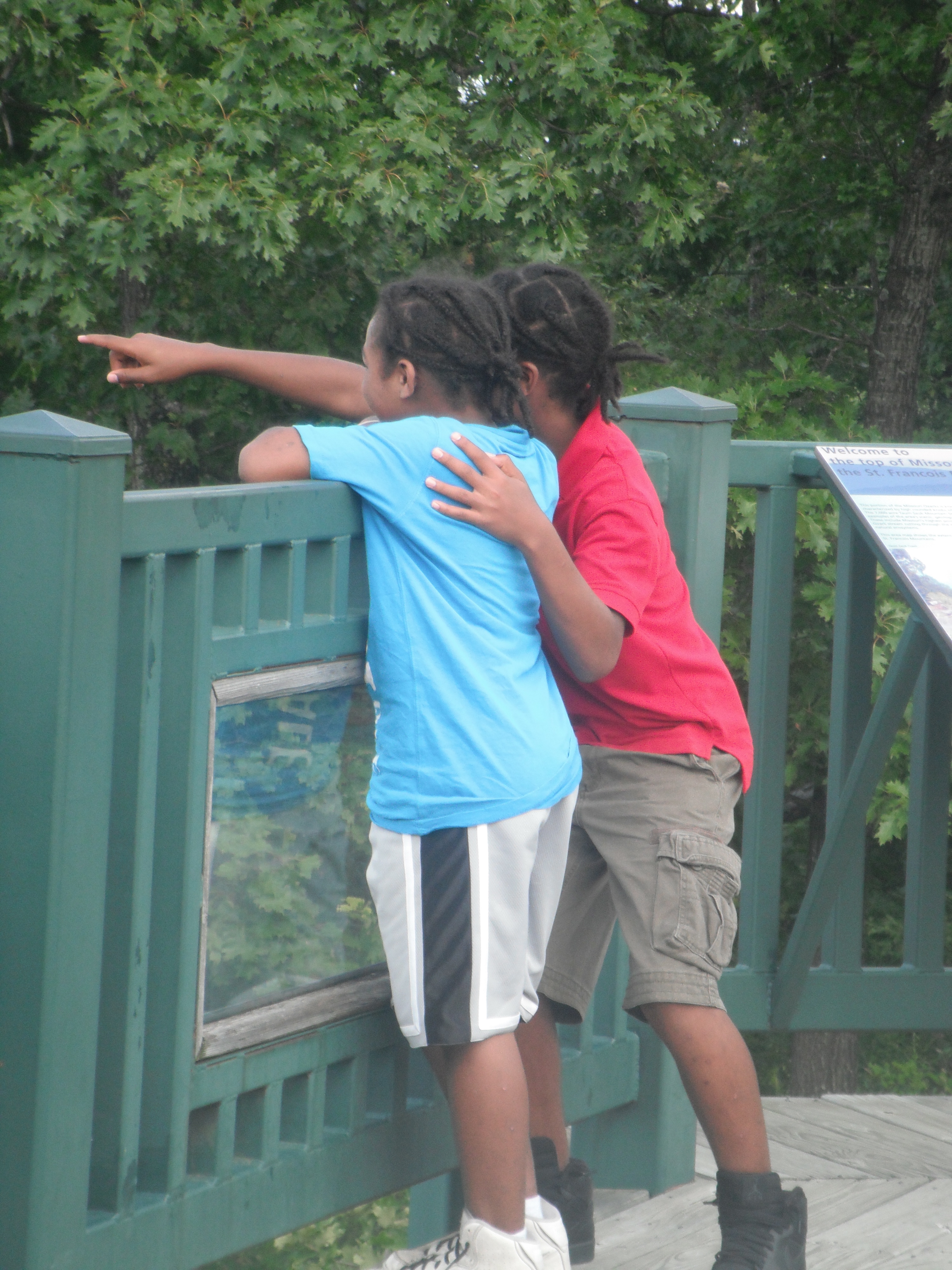 Two kids looking over a fence