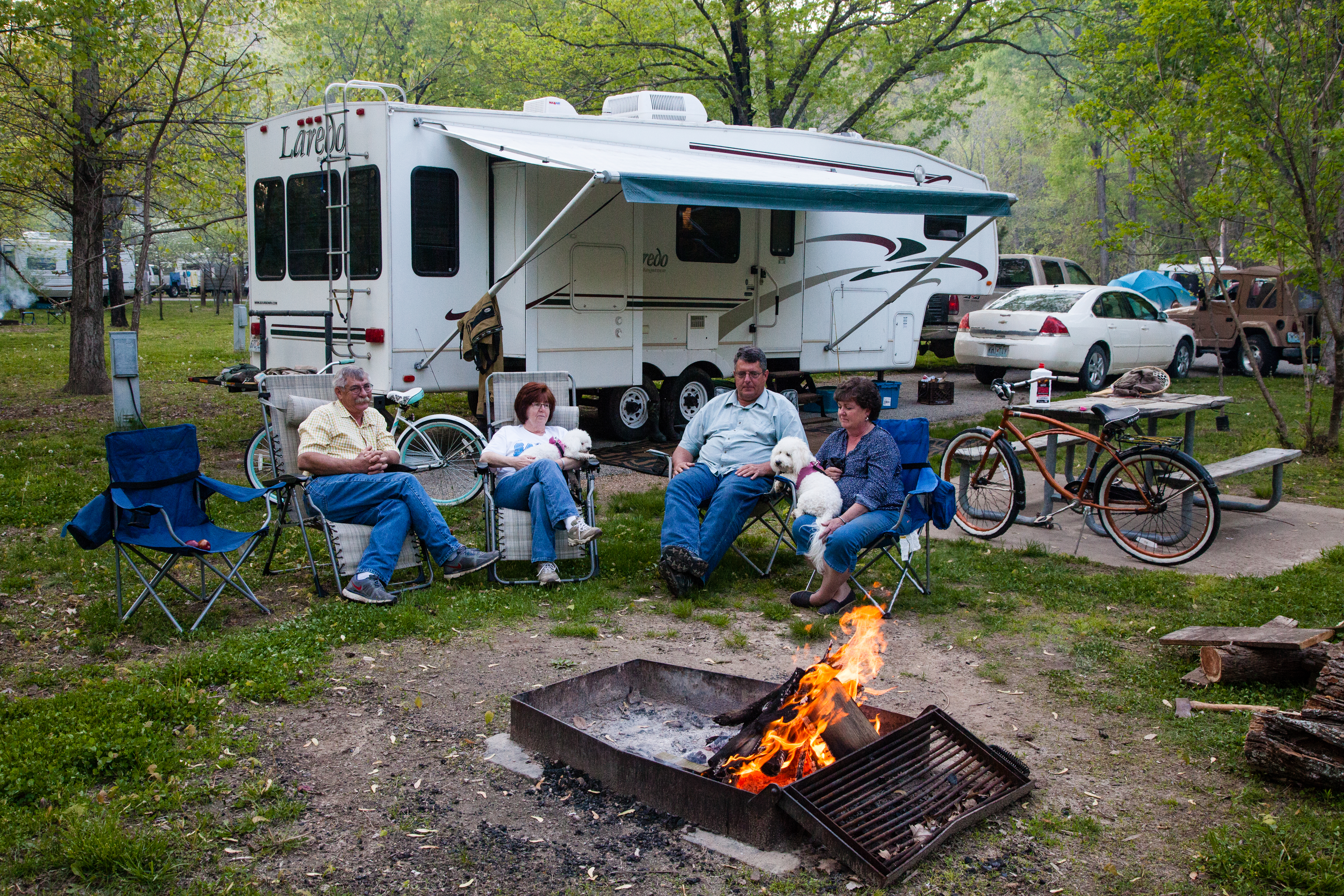 Four people and two dogs sitting in lawn chairs by a fire