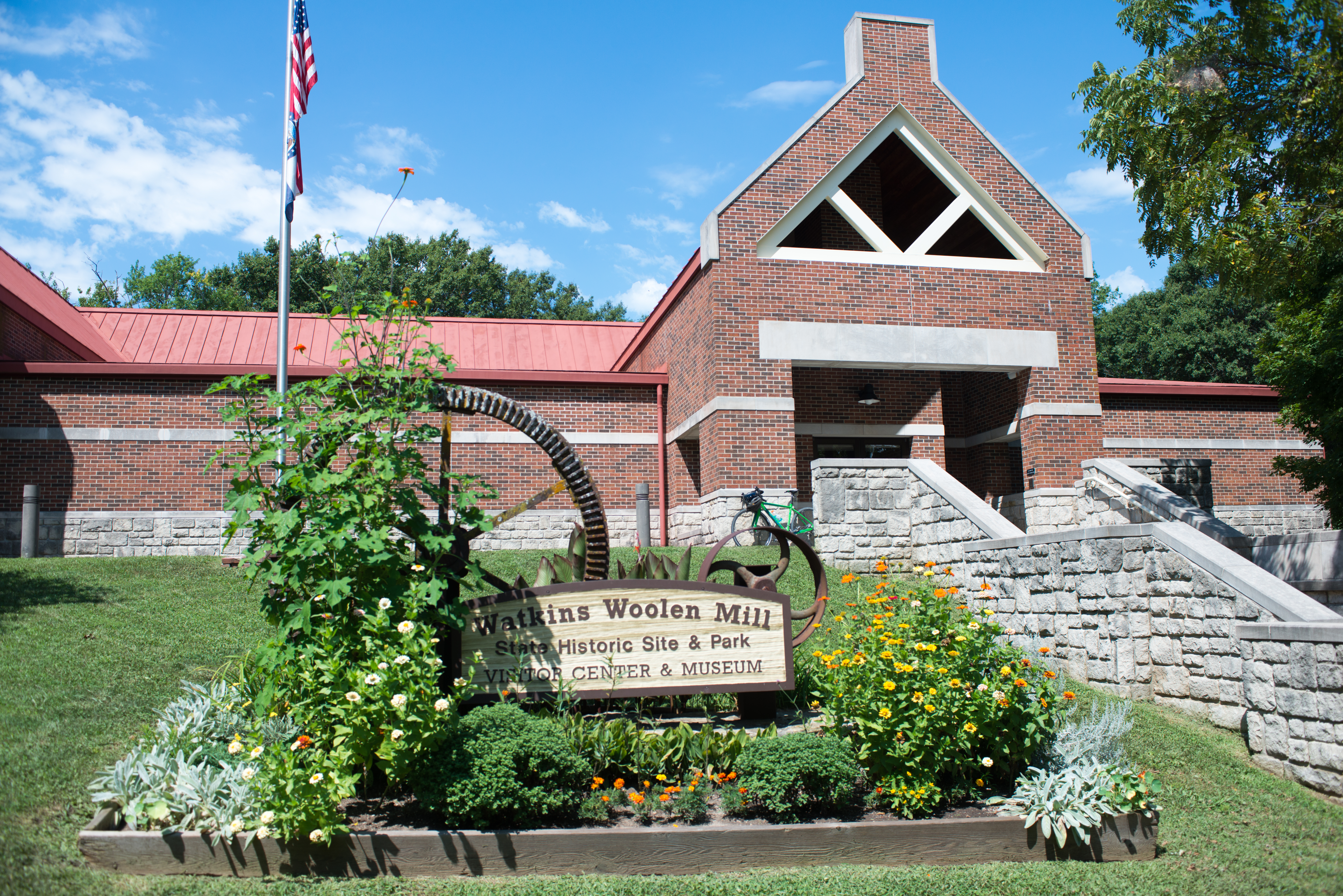 Watkins Woolen Mill sign in front of the mill