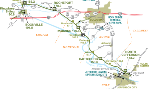 Map of Katy Trail from Booneville to Jefferson City
