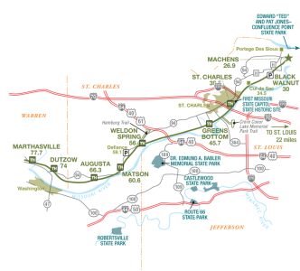 Map of Katy Trail from Marthasville to Machens Section