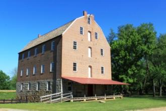 front of the four-story brick mill