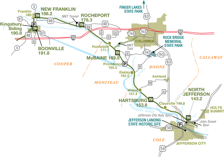 Map of Katy Trail from Booneville to Jefferson City