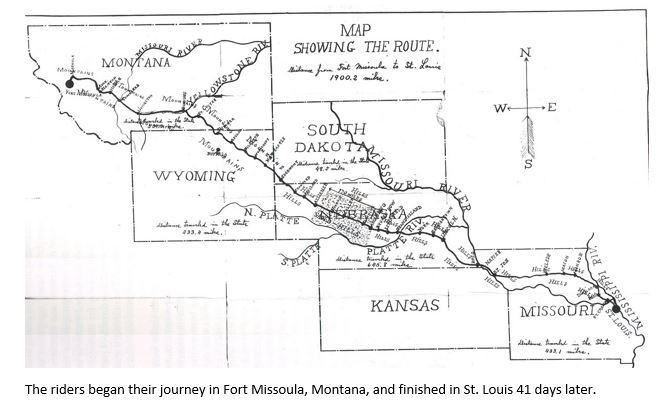Map of Iron Riders journey in Fort Missoula, Montana to St. Louis, Missouri.