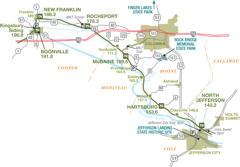A section of Katy Trail State Park showing Boonville to Jefferson City.
