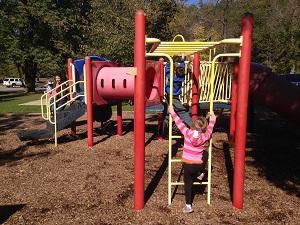 a little girl climbing the ladder of the playground apparatus