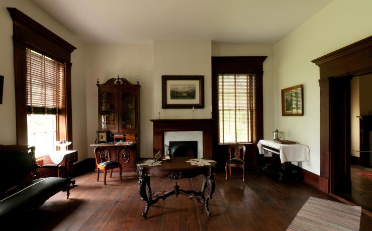 A study with a fireplace