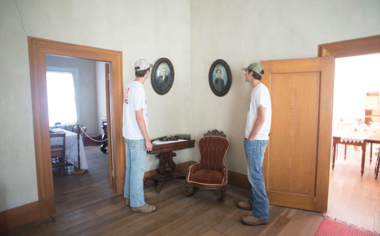 2 men inside the museum at the Battle of Athens historical site