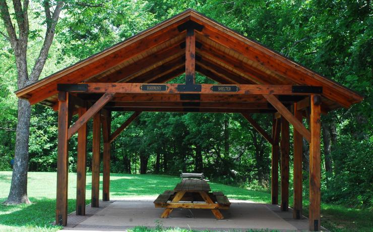 A wooden picnic shelter