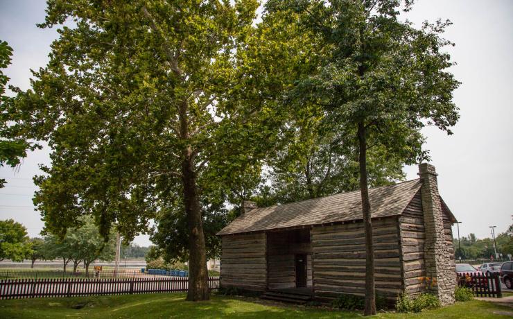 A wooden cabin in a park