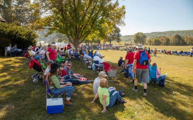 A group of people on lawn chairs under a tree