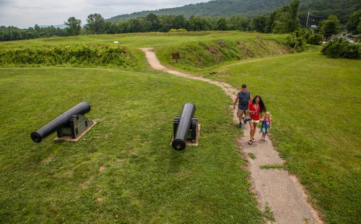 A family walking on an outdoor path past two cannons on display