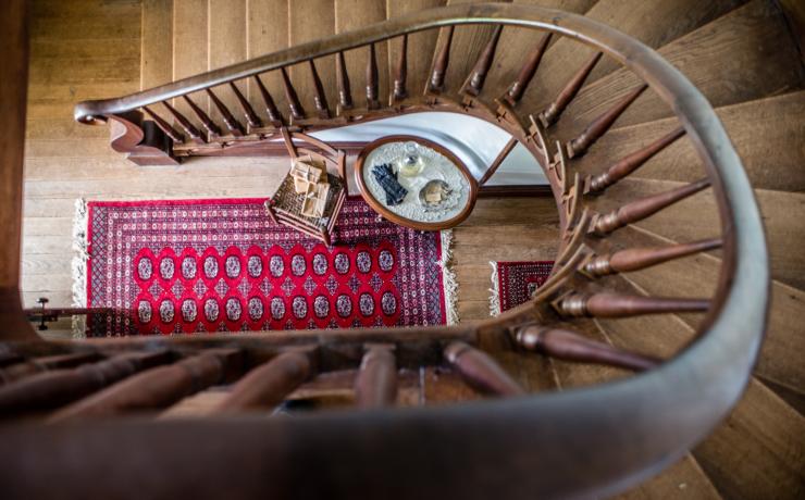 A winding staircase, as seen from above
