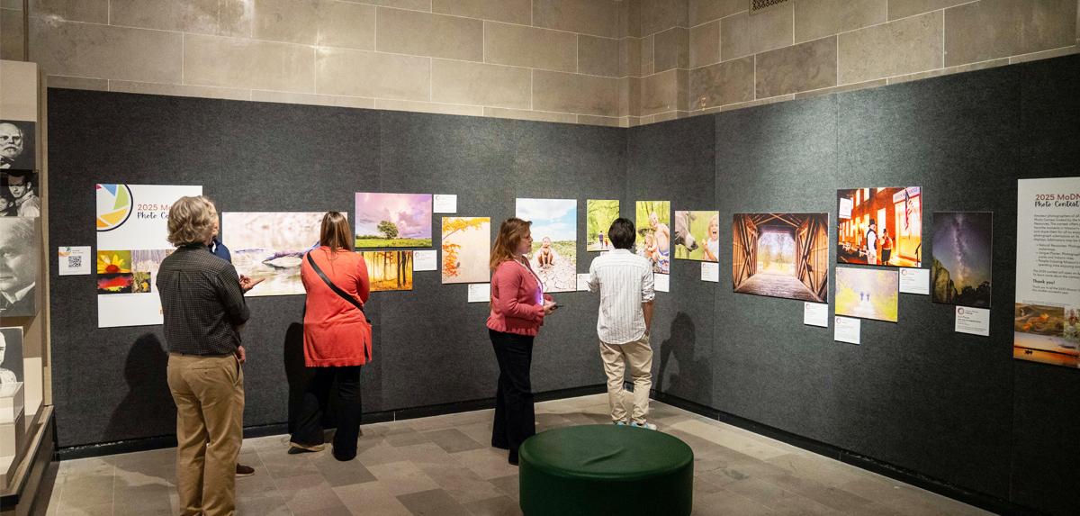 People looking at photos displayed on walls