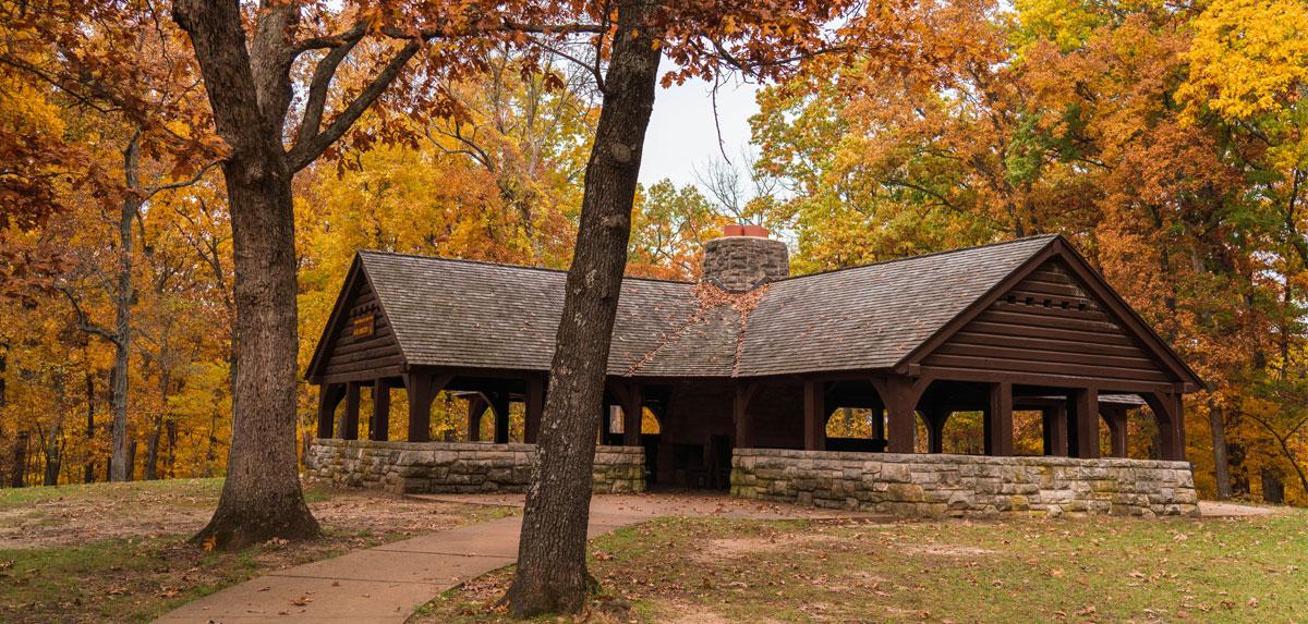 Open picnic shelter surrounded by trees with orange and yellow leaves