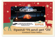 Missouri State Parks gift card surrounded by snowflakes, green and red reindeer, and the text Spend $75 and get $25 limited time offer