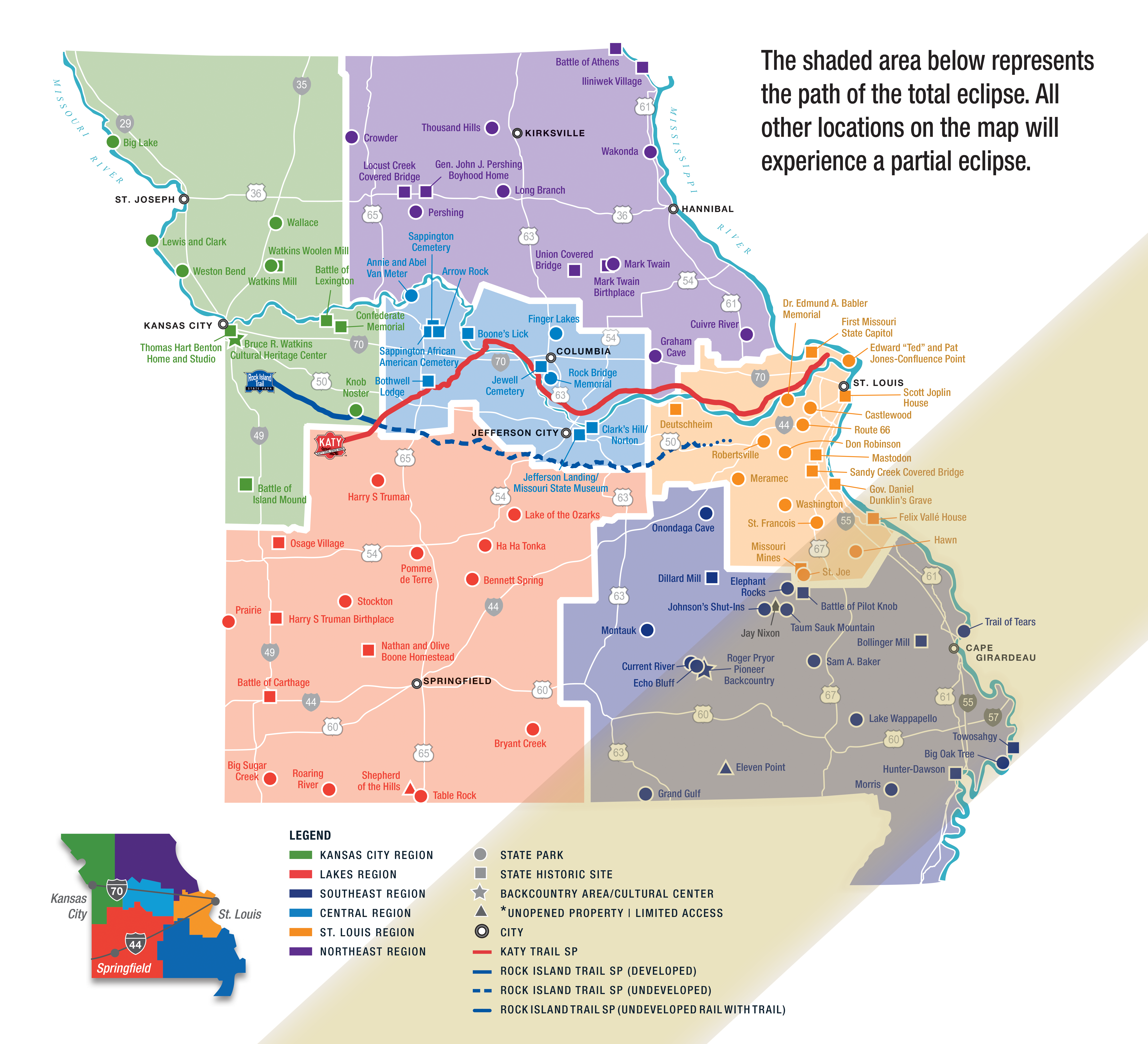 Map of Missouri showing state parks and historic sites with shadow over section of southeast region