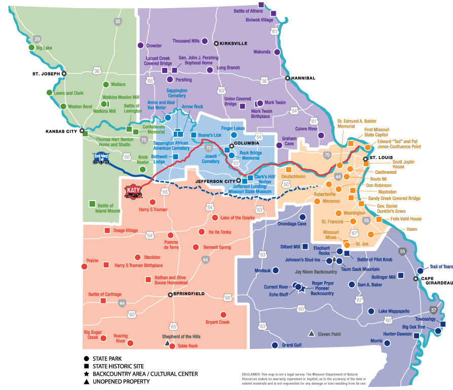 Map showing the regions of Missouri and the names and locations of Missouri's state parks, state historic sites, and backcountry areas