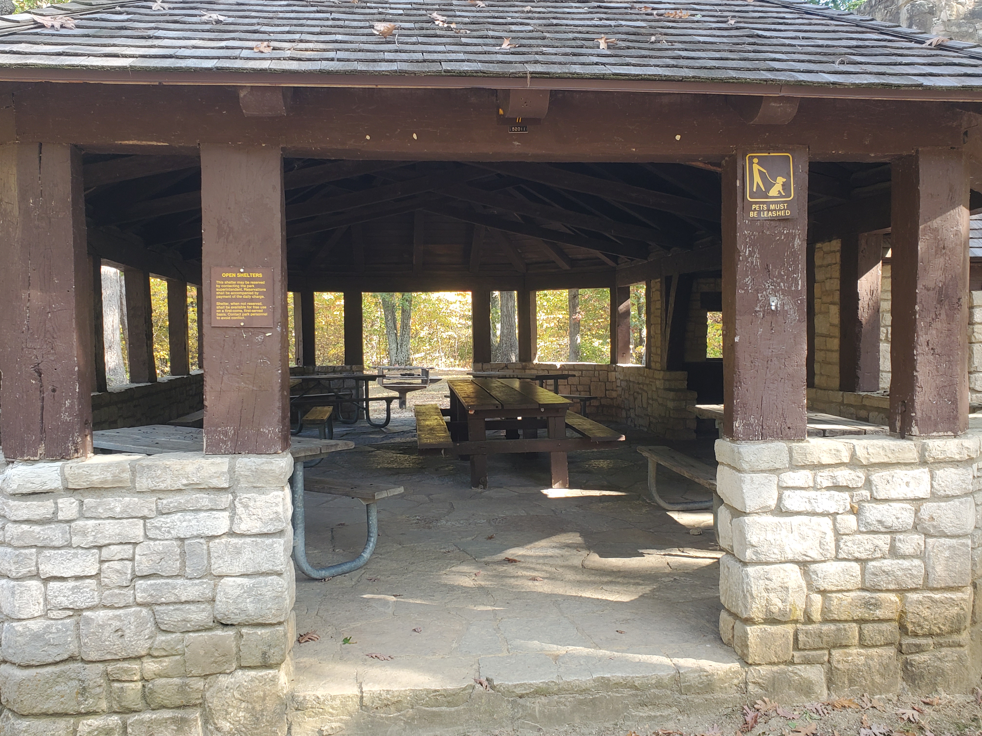 Picnic tables inside the open shelter