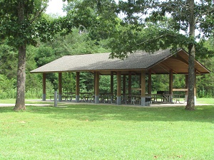 picnic shelter nestled under trees