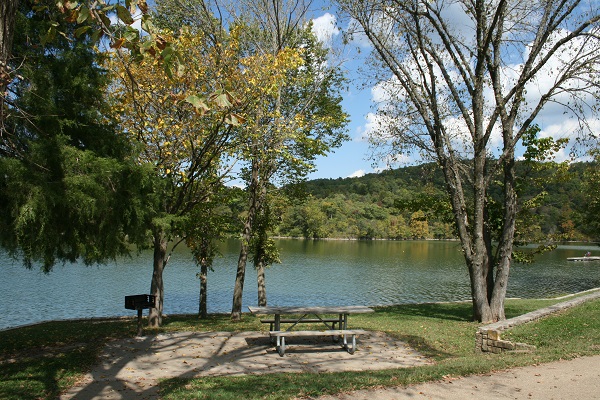 picnic table and grill next to the lake