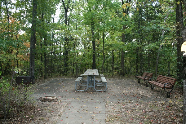 shaded picnic table, grill and two benches on a concrete surface