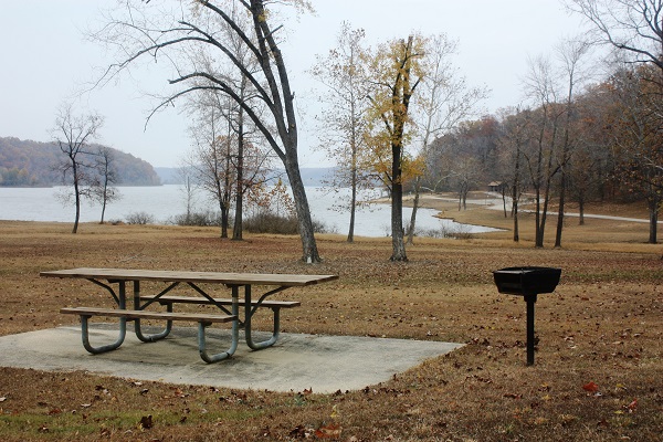 a picnic table on a concrete pad with a grill nearby and the lake in the background