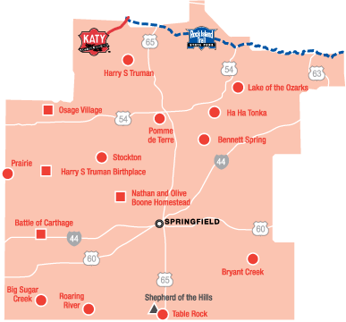 Map of Missouri state parks and historic sites in the Lakes region