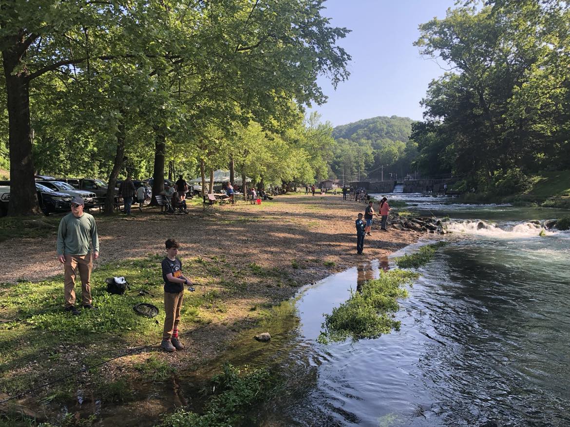 People fishing along the bank of Roaring River