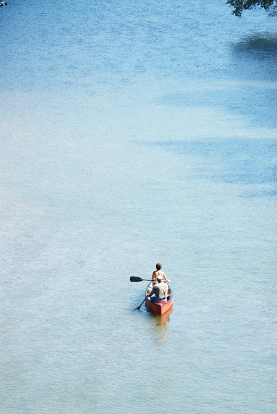 aerial view of a canoe on the river