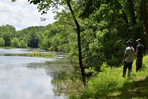 two people fishing on the riverbank