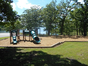 playgroudn equipment with two slides and a swing set